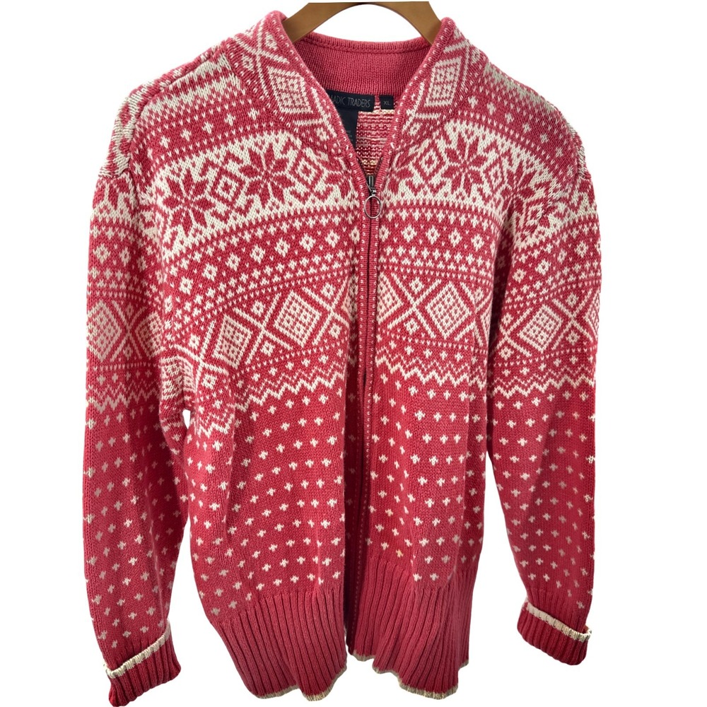 Nomadic Traders Fair Isle Nordic Cardigan Sweater XL Pink Full Zip Ramie Cotton